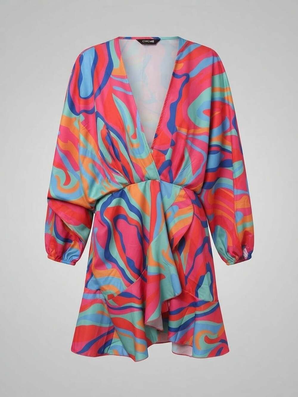 ChicMe Multi Color Abstract Print Batwing Sleeve Ruffle Hem Mini Dress Size XL